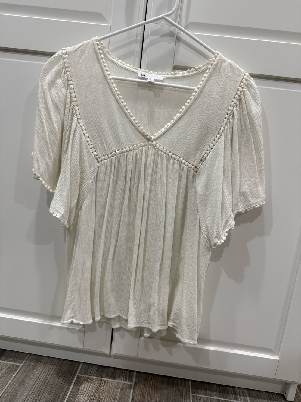 DR2 Off-White V-Neck Boho Blouse with Pom Trim